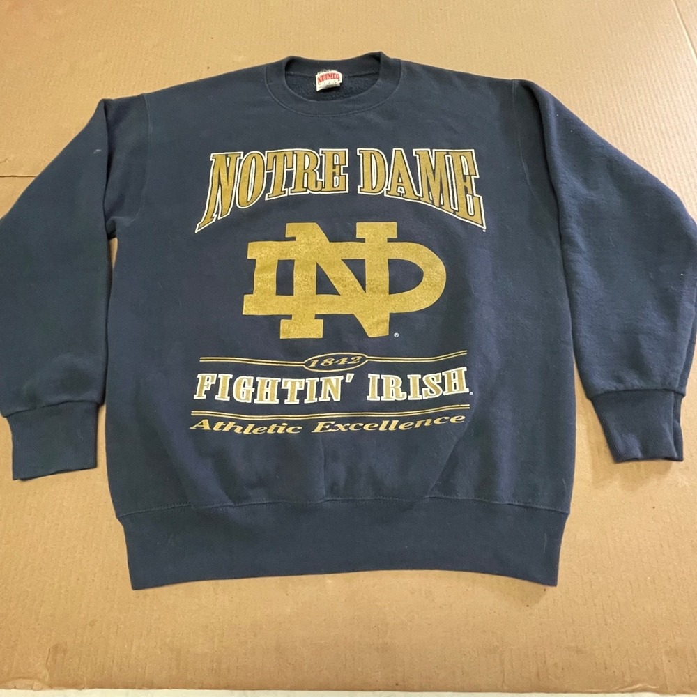 Vintage Notre Dame Crewneck Sweatshirt M 1990s Nutmeg Mills Navy Blue Big Logo